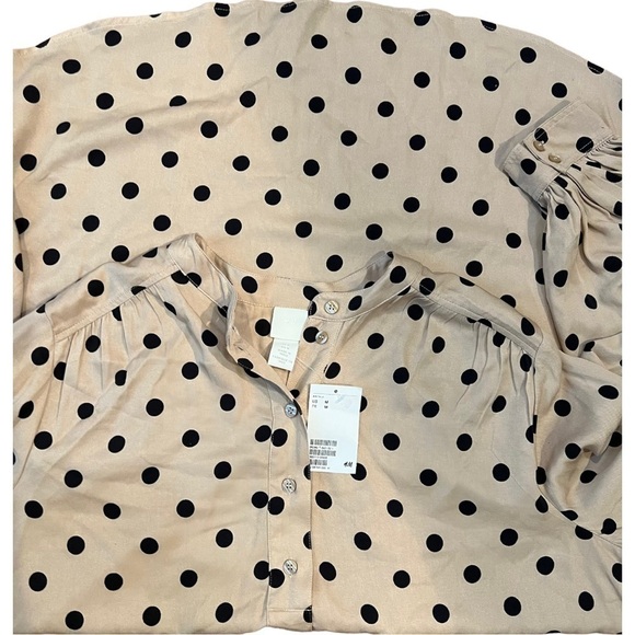 H&m Short Balloon-Sleeved Tunic Dress Beige And Black Dotted Size Medium NWT - Picture 8 of 12